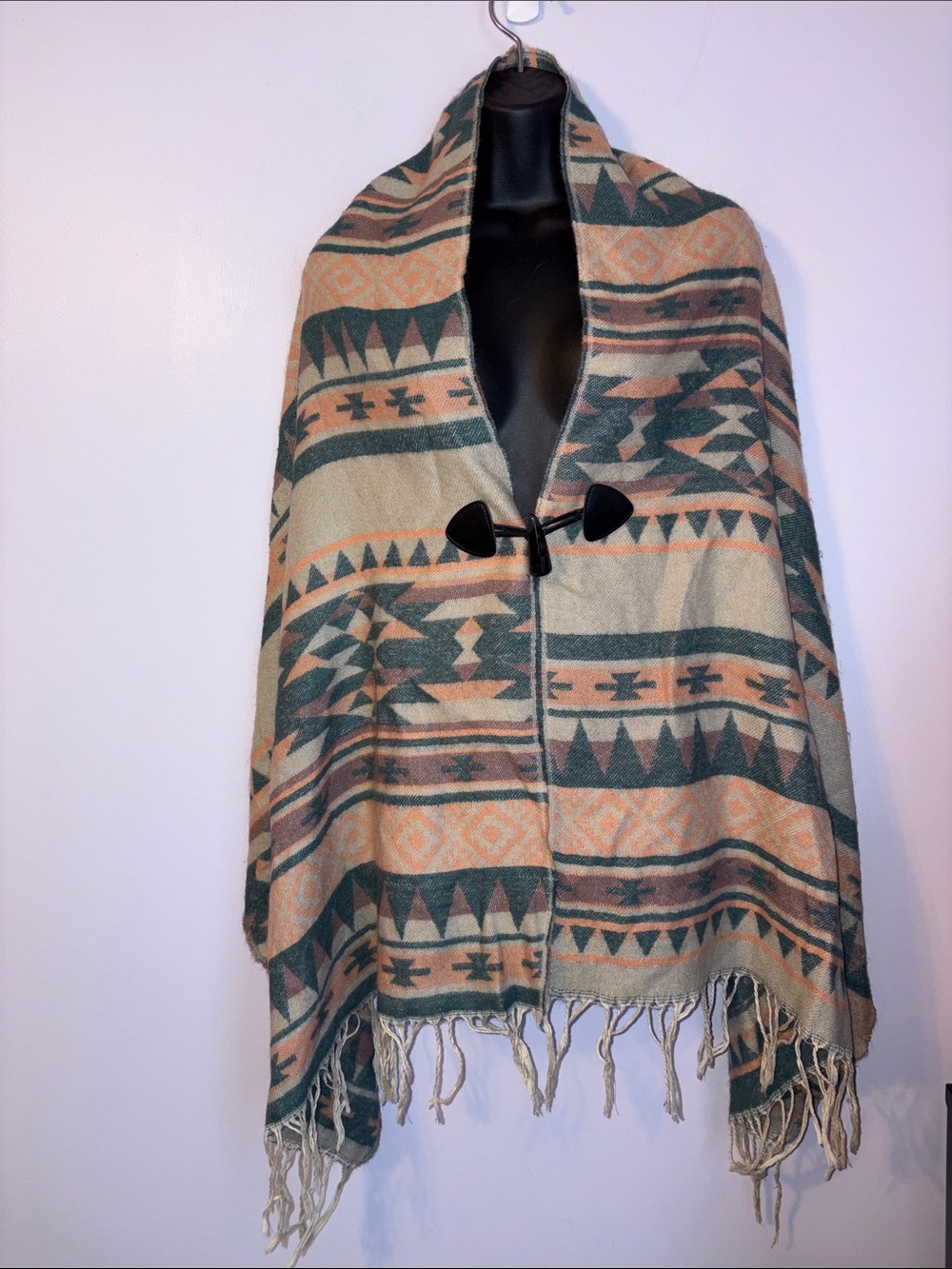 Boho Southwestern Aztec Design Poncho Wrap with Toggle Closure OS